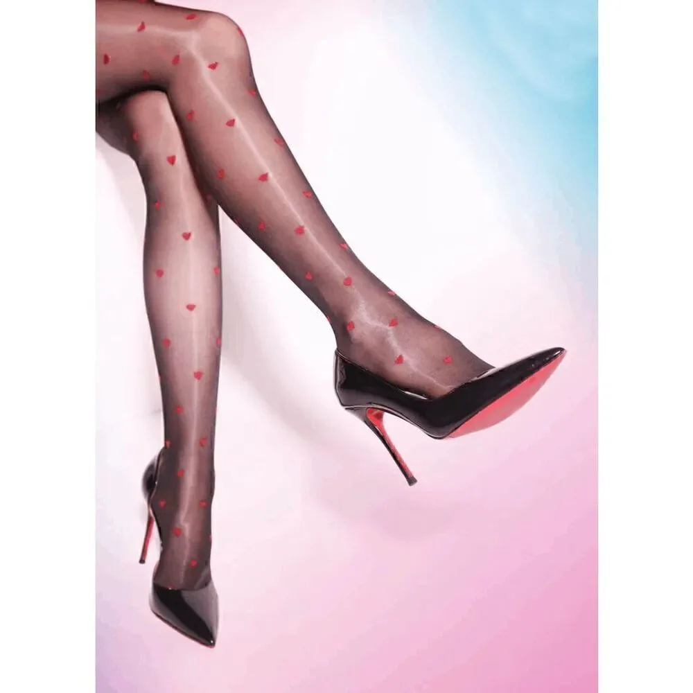 ❤ Love Heart Print Black Sheer Nylon Pantyhose Stocking Tights SIZE L-XXL NEW